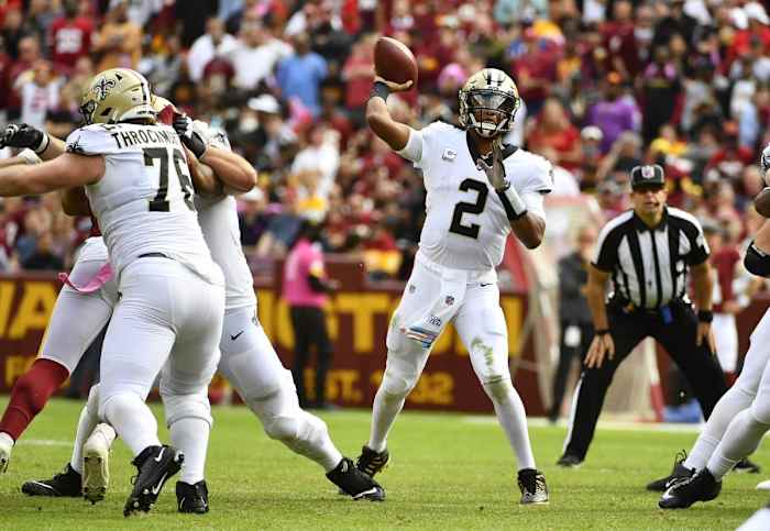Oct 10, 2021; New Orleans Saints quarterback Jameis Winston (2) throws a pass against Washington. Mandatory Credit: Brad Mills-USA TODAY Sports